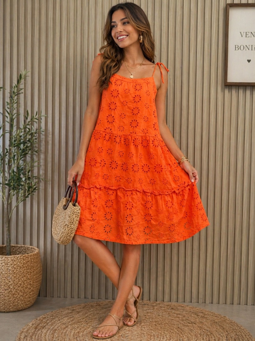 Altar'd State Orange Eyelet Tiered Tie-Strap Mini Dress Size Large
